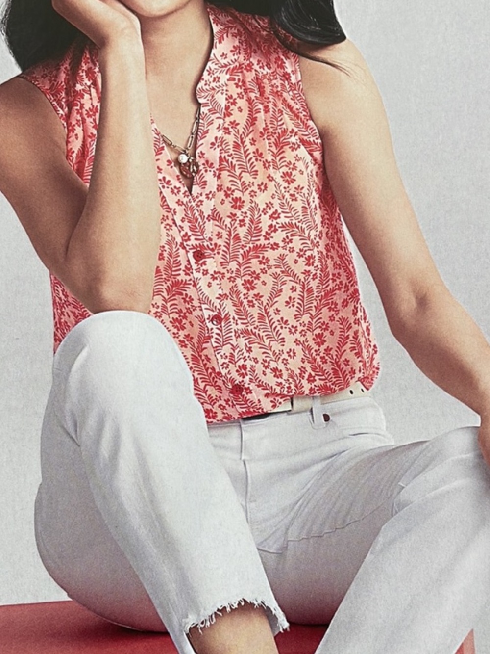 Cabi - Sleeveless Floral Button-down Shirt - orange/cream print - size S